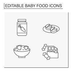 Bay food line icons set.Porridge with strawberries, chocolate bar, salmon slices and carrot juice. Drinks and meals. Healthy menu concept. Isolated vector illustrations. Editable stroke