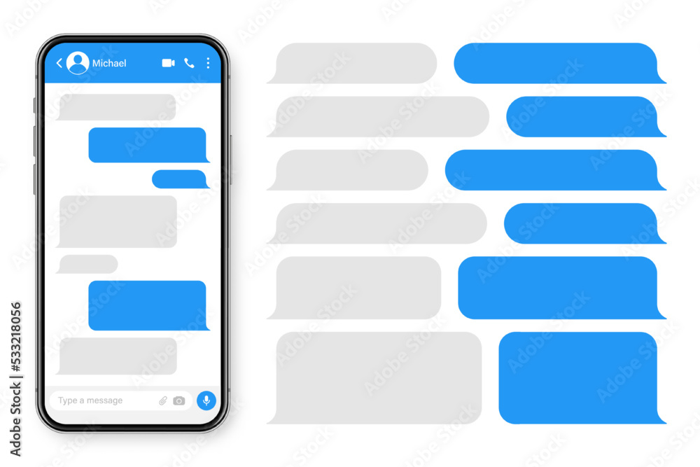Aufkleber realistic smartphone with messaging app. blank sms text frame. conversation chat screen with blue me