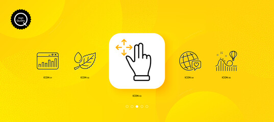 Fototapeta na wymiar Roller coaster, Marketing statistics and World brand minimal line icons. Yellow abstract background. Leaf dew, Move gesture icons. For web, application, printing. Vector