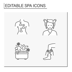 Spa line icons set. Delicate beauty procedures. Body massage and aromatherapy. Health care. Cosmetology concept. Isolated vector illustrations. Editable stroke