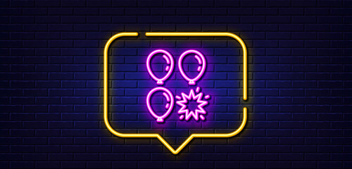 Obraz premium Neon light speech bubble. Balloon dart line icon. Amusement park sign. Pop the balloon symbol. Neon light background. Balloon dart glow line. Brick wall banner. Vector