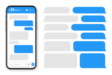 Realistic smartphone with messaging app. Blank SMS text frame. Conversation chat screen with blue message bubbles. Social media application. Vector illustration.