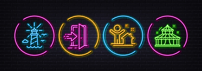 New house, Lighthouse and Entrance minimal line icons. Neon laser 3d lights. Circus icons. For web, application, printing. Buying home, Navigation beacon, Open door. Attraction park. Vector