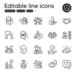 Set of People outline icons. Contains icons as Support, Man love and Businessman case elements. Brand ambassador, Favorite app, Employee hand web signs. Heart, Water care, Handshake elements. Vector