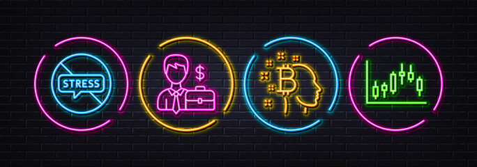 Fototapeta na wymiar Bitcoin think, Businessman case and Stop stress minimal line icons. Neon laser 3d lights. Candlestick graph icons. For web, application, printing. Vector