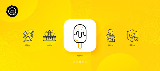 Fototapeta na wymiar Delivery discount, Archery and Circus minimal line icons. Yellow abstract background. Guard, Ice cream icons. For web, application, printing. Courier, Attraction park, Secure sleep. Vector