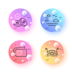 Savings insurance, Love tickets and Travel sea minimal line icons. 3d spheres or balls buttons. Sports arena icons. For web, application, printing. Vector