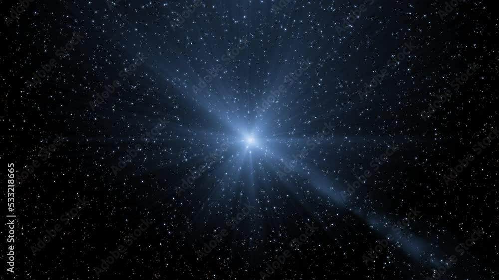 Poster stream of shimmering particles with light in dark space. movement. explosion of shiny particles with