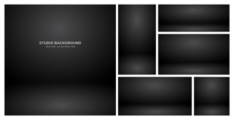Fototapeta premium Empty black studio abstract backgrounds with spotlight effect. Product showcase backdrop. Stage lighting. Vector illustration