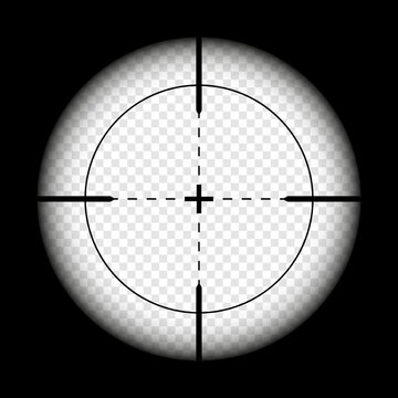 Weapon sight, sniper rifle optical scope on black background. Hunting gun viewfinder with crosshair. Aim, shooting mark symbol. Military target sign, silhouette. Game UI element. Vector illustration