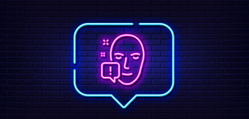 Neon light speech bubble. Face attention line icon. Exclamation mark sign. Facial identification info symbol. Neon light background. Face attention glow line. Brick wall banner. Vector