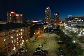 Aerial view of Providence at dusk