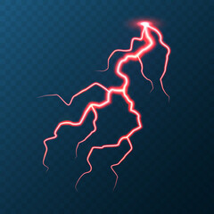 Realistic colorful lightning on blue background. Thunderstorm and lightning bolt. Sparks of light. Stormy weather effect. Vector illustration