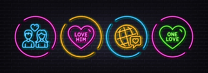 Love him, World brand and Couple love minimal line icons. Neon laser 3d lights. For web, application, printing. Sweetheart, Sweet heart. Neon lights buttons. Love him glow line. Vector