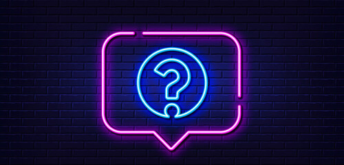 Neon light speech bubble. Question mark line icon. Support help sign. FAQ symbol. Neon light background. Question mark glow line. Brick wall banner. Vector