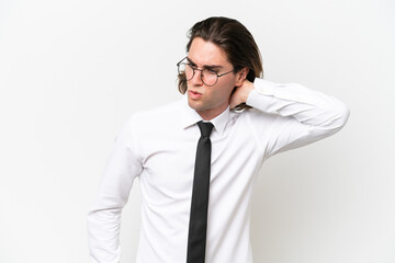 Business handsome man isolated on white background with neckache