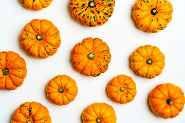 Pumpkins on white isolated background. Yellow autumn harvest pumpkins on empty backdrop. Fall holidays, halloween, thanksgiving day, food concept.