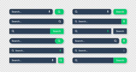 Various search bar templates, dark mode. Internet browser engine with search box, address bar and text field. UI design, website interface element with web icons and push button. Vector illustration