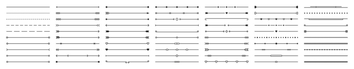 Set of border line design elements. Vintage line elements. Decorative drawing badges, frames. Decoration, banners, swirls divider, emblems, arrows. Vector illustration.