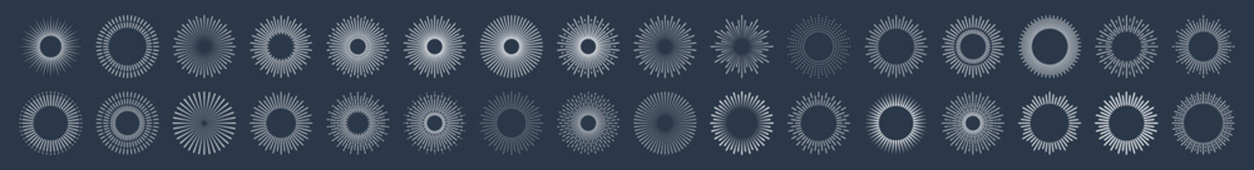 Set of Sunburst. Big collection sunburst best quality. Star, firework explosion, logo, emblem, tag. Web banner. Vector Illustration.