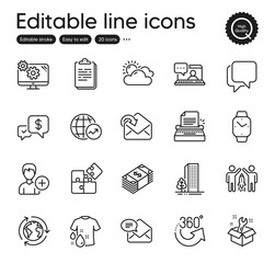 Set of Business outline icons. Contains icons as Talk bubble, Outsourcing and Settings elements. 360 degrees, Spanner, Usd currency web signs. Wash t-shirt, Receive mail, Typewriter elements. Vector