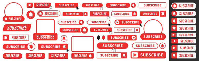 Subscribe button. Set of red subscribe button template. Cursor or hand. Social media icons. Streaming video. Vector illustration.