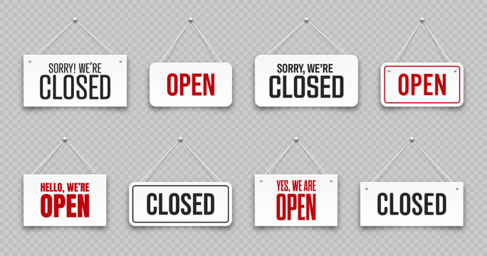 Realistic open or closed hanging signboards. Vintage door sign for cafe, restaurant, bar or retail store. Announcement banner, information signage for business or service. Vector illustration