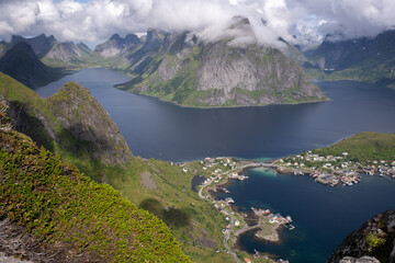 Reine, Sorvagen Norway - July 19, 2022: Beautiful scenery of Reinebeingen trail and surroundings on...