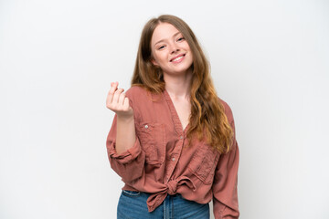 Young pretty woman isolated on white background making money gesture