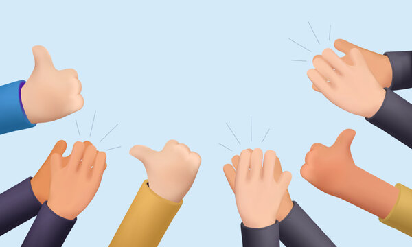 3D Human hands clapping. People crowd applaud to congratulate success job. Hand thumbs up. Business team cheering and ovation 3D render vector Illustration support celebration, appreciation friendship