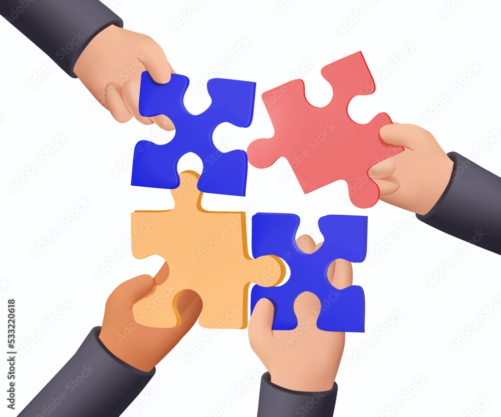 Aufkleber 3d render vector business concept. team metaphor. people hands connecting puzzle elements. vector il