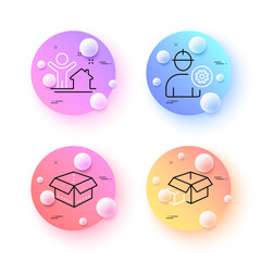 Packing boxes, New house and Open box minimal line icons. 3d spheres or balls buttons. Engineer icons. For web, application, printing. Delivery package, Buying home, Worker with cogwheel. Vector