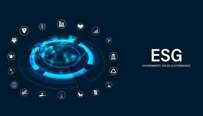 Abstract ESG with icon concept sustainable corporate development Environment, Social, and Governance on a modern blue background.