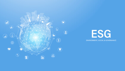 Abstract ESG Digital World High-Tech with Icon and smart city Concept Sustainable Development from Environment, Social, and Governance on a modern blue background.
