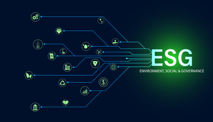 Abstract ESG with icon concept sustainable corporate development Environment, Social, and Governance on a modern green background. - obrazy, fototapety, plakaty