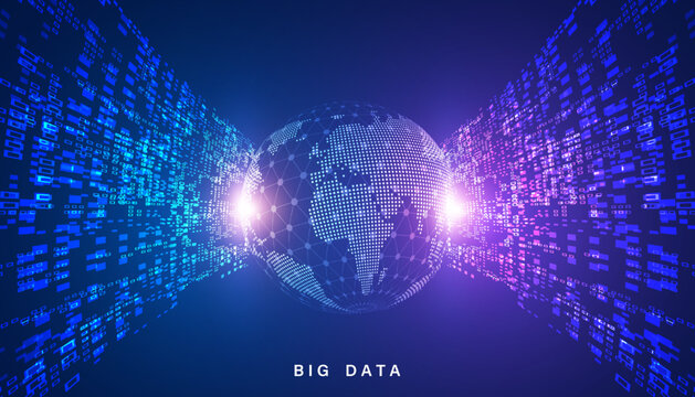 abstract global dot network big data connection and communication futuristic on blue background.
