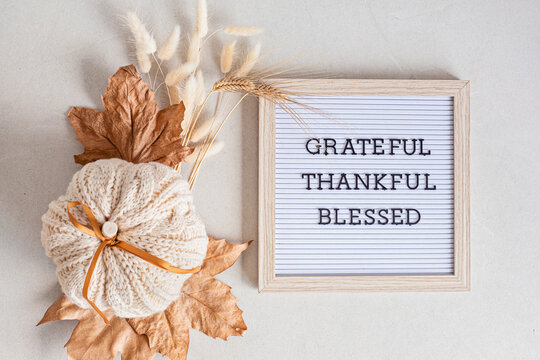 Felt letter board and text grateful, thankful, blessed. Autumn table decoration. Floral interior decor for fall holidays with handmade pumpkins