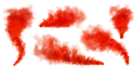 Red colorful smoke clouds isolated on white background, realistic mist effect, fog. Vapor in the air, steam flow. Vector illustration