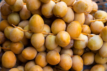A lot of green dates in the supermarket - Phoenix dactylifera