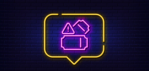 Neon light speech bubble. Tickets line icon. Transport entrance sign. Paid admission ticket symbol. Neon light background. Tickets glow line. Brick wall banner. Vector
