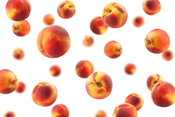 Falling Peach isolated on white background, selective focus