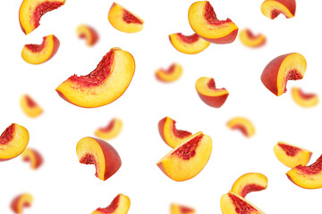 Fototapeta na wymiar Falling Peach slice isolated on white background, selective focus