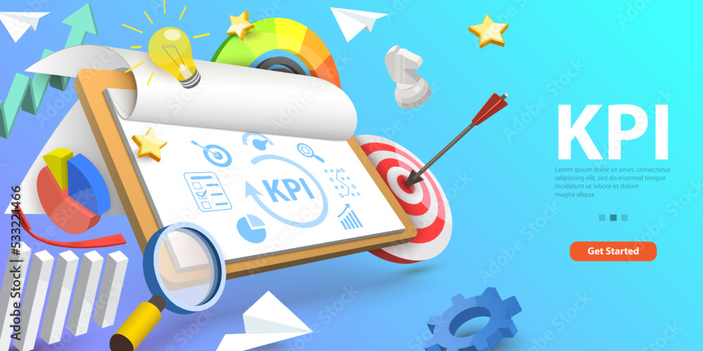 Poster 3d vector conceptual illustration of key performance indicators, kpi metrics analysis