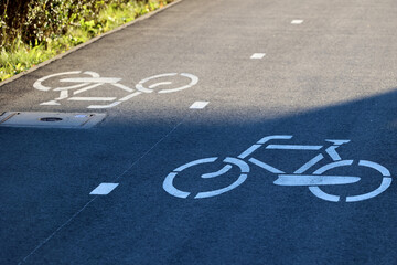 Ścieżka dla rowerów w mieście ze znakami poziomymi.  Rower. 