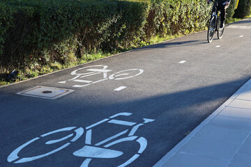 Ścieżka dla rowerów w mieście ze znakami poziomymi.  Rower.  - obrazy, fototapety, plakaty