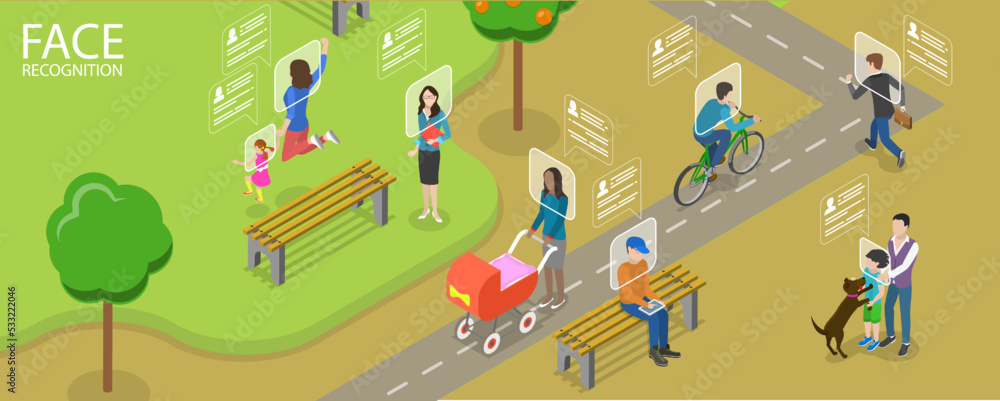 Poster 3d isometric flat vector conceptual illustration of face recognition technology, verification and su
