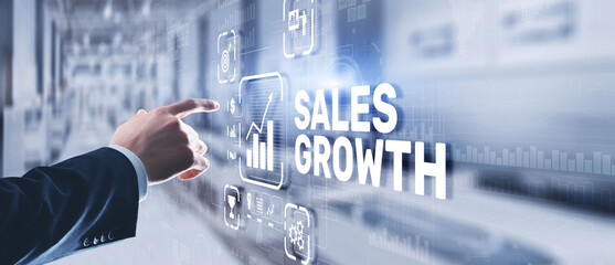 Sales Growth Man clicks inscription on virtual 3D screen