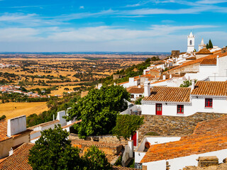 Picturesque view of Monsaraz, walled medieval village in Portuguese Alentejo region near the border...