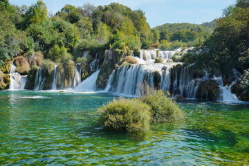 waterfall krka, national park in Croatia. green, blue water in lake and rivers, falling water from rocks on summer. Touristic