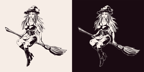 Obraz na płótnie Canvas Beautiful young witch with long red hair, tattoo, in hat, knee high boots, fitting dress flies on broom in vintage style. Monochrome illustration. Isolated vector illustration